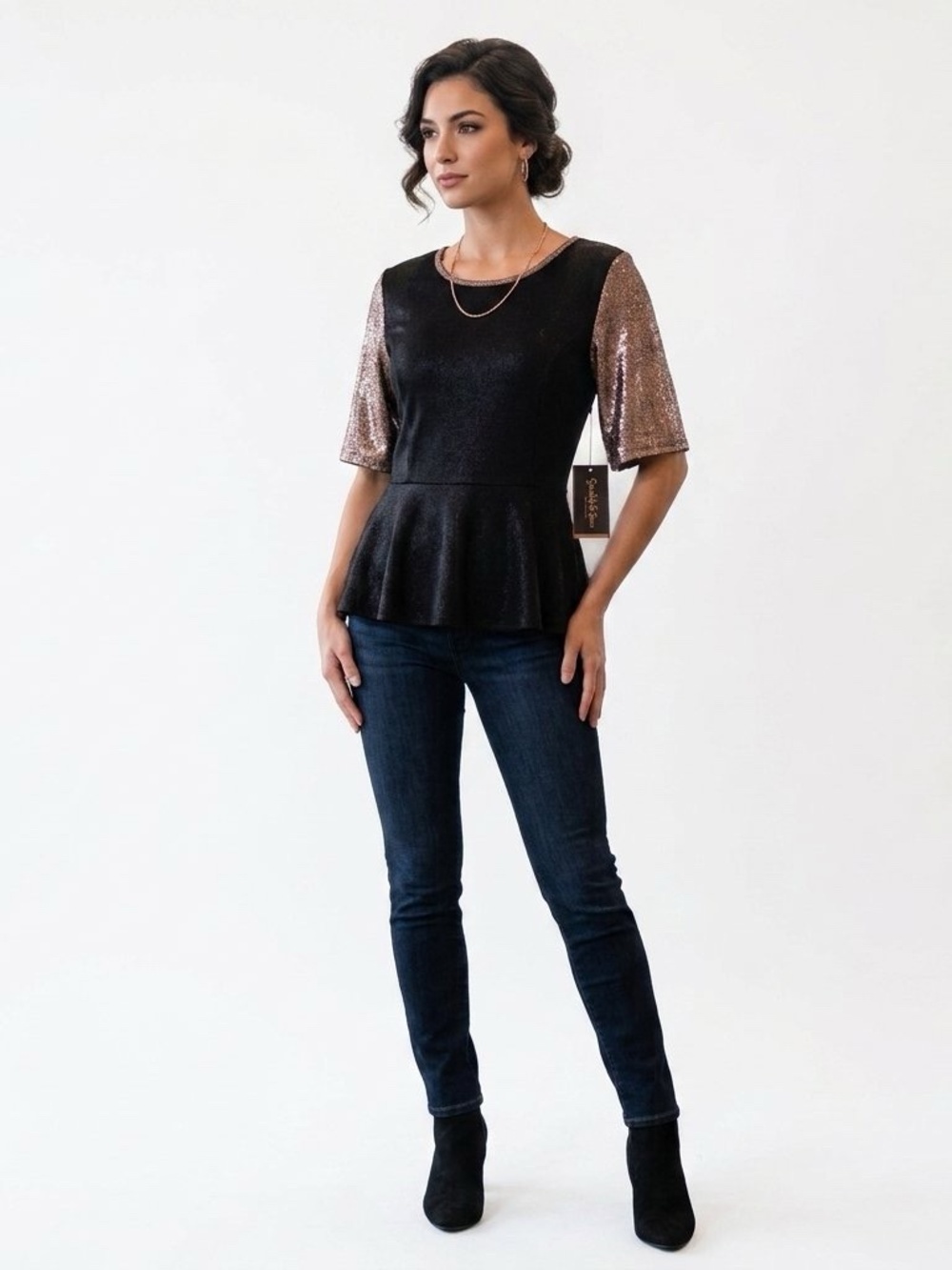 NWT LulaRoe Emma Elegant Collection Metallic Peplum Black Rose Gold Top  Size M